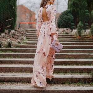2024 Cross-Border Foreign Trade New Printed Temperament Temperament Commute Mid-Waist Pink Commuter Backless Dress Women ㏇L0514