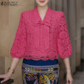 ZANZEA Korean Style Women Trendy Bowknot Lace Patchwork Blouses 3/4 Sleeve V-Neck Plain OL Top #0922. 