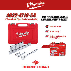 MILWAUKEE 4932-4718-64 ½” Drive Metric 28pcs Ratchet & Socket Set FOUR FLAT Sides Stamped socket size