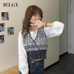 IELGY vest retro college knit cardigan breasted fold-over sweater women