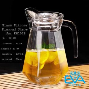 Bình Thuỷ Tinh Đựng Nước 1.3L Quai Cầm Miệng Rót Đáy Cạnh Kim Cương EH1028 Glass Pitcher Diamond Shape Striped Jar 1300 ML