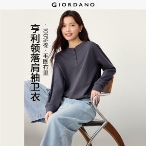 GIORDANO Women Sweatshirts 100% Cotton Henley Neck Sweatshrits Raglan Sleeve Fashionable Casual Loose Sweatshirts 13326642