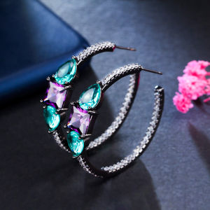 SEQUITO ที่มีคุณภาพสูงสีเขียวสีม่วงหิน Cubic Z Irconia ชุบเงินบิ๊กต่างหูห่วงผู้หญิงรอบหูวางเครื่องประดับสำหรับพรหมพรรค SE614