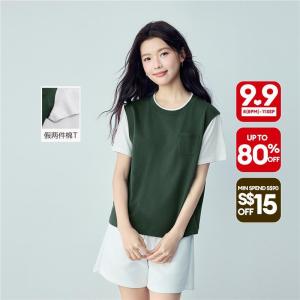 Giordano Beau Monde Women 100% cotton fake two-piece short sleeve tee Free Shipping 13326285