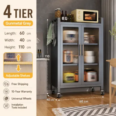 NINI Large Kitchen Cabinet with Transparent PC Door Multi Tier Storage Shelf Pantry Organizer Cupboard Rack for Microwave Oven Tableware Home