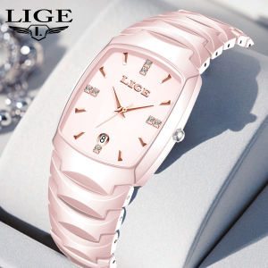 Lige Đồng hồ thời trang phụ nữ dây đeo gốm đồng hồ kèm lịch đồng hồ thạch anh không thấm nước cho các cặp vợ chồng + Hộp