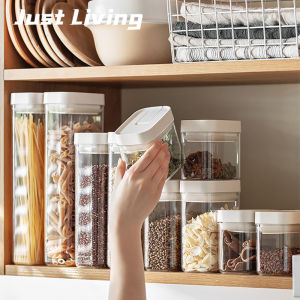 JustLiving 1600ML Hộp bảo quản ngũ cốc nhà bếp hình chữ nhật Hộp đựng thức ăn bằng nhựa PET trong suốt Chống ẩm và chống côn trùng Bể chứa thức ăn gia đình Thức ăn nhẹ Các loại Chai lọ nhà bếp Hũ kín gió