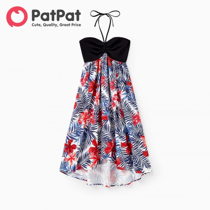 PatPat Family Matching Black Cotton Tee Beach Short-sleeve Shirt and Flora Print Splicing Halter Strap Midi Dress Sets