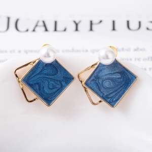 S925 Earrings Anting Subang Fashion Silver Needle Square Women Asymmetric 韩版爆款几何形珍珠底油纹理耳环女时尚简约网红同款耳饰耳環
