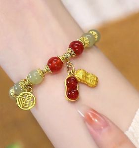 MALL Gelang Giok Keberuntungan Kacang & Kesejahteraan Kristal Gaya China retro Serbaguna Wanita GLG01