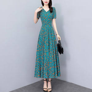 Impression Fashion Women Elegant Chiffon Slim Floral Print V-neck Short Sleeve Tunic A-line Big Pleated Swing Plus Size Long Dress