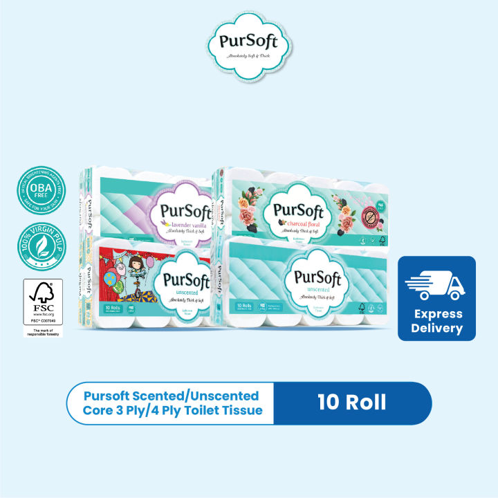 Pursoft Scented/Unscented Core 3Ply 4Ply Toilet Tissue Bathroom