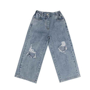 Girls Pants 2-7 Years Girls Hole Jeans Fashion Wide Leg Pants TrousersFor Kids Girls Solid Bottoms with Pockets