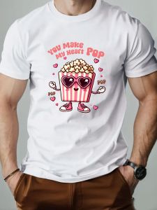 Summer Mens T shirt Popcorn Cartoon Pattern Print 100% cotton Leisure Breathable Round Neck T-shirt High Quality Mens Clothing