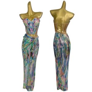 Colorful sequins Long Skirt 2Pieces Set Club Event Tight Fitting Outfit Internet Celebrity Wear Travel Party Dresses