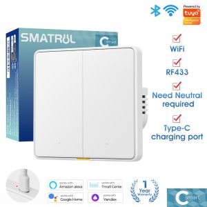 SMATRUL Tuya 2Way WIFI RF433 Smart EU  Wall Light Button Switch 110-250v Typec Neutral Wire Timing Voice App  Genie Alexa  Home