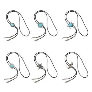 Mens Women Leather Rope Bolo Tie Vintage Turquoises Stone Cowboy Necktie Western Necklace with Feather Pendant