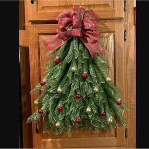 FANME Plaid Christmas Tree Shaped Wreath Red Bow Bell Ball Mesh Wreath New Plastic Xmas Hanging Ornament Home Front Door