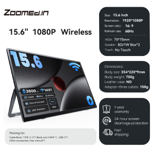 【Local Warehouse 】ZOOMEDIN 15.6/18.5/21.5/23.8 FHD Wireless & Built-in Battery Portable Monitor Professional Level E-Sports And Designer Level Color Rendering Laptop Extender Monitor for PS5/4 Xbox Switch Phone PC.