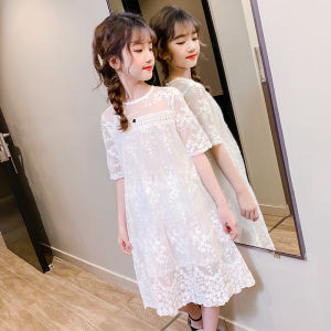 332Girls Summer Lace Dress Short Sleeve Performance Princess Skirt White Cotton Korean Style Childrens Dress Kids Fashion Clothing