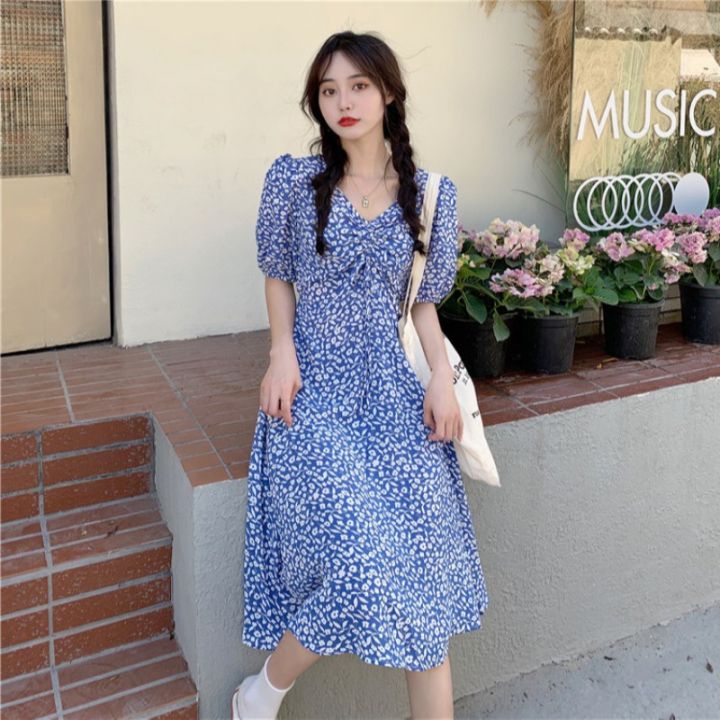 knee length dresses for ladies Womens Korean Coquette Aesthetic Cute Floral Light Pink Midi Dress – The  Kawaii Factory