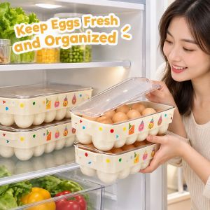 Home&Life.8 Mishilei Stackable Egg Storage Box Dustproof Lid Separated Slots Cute Cartoon Print Cream White