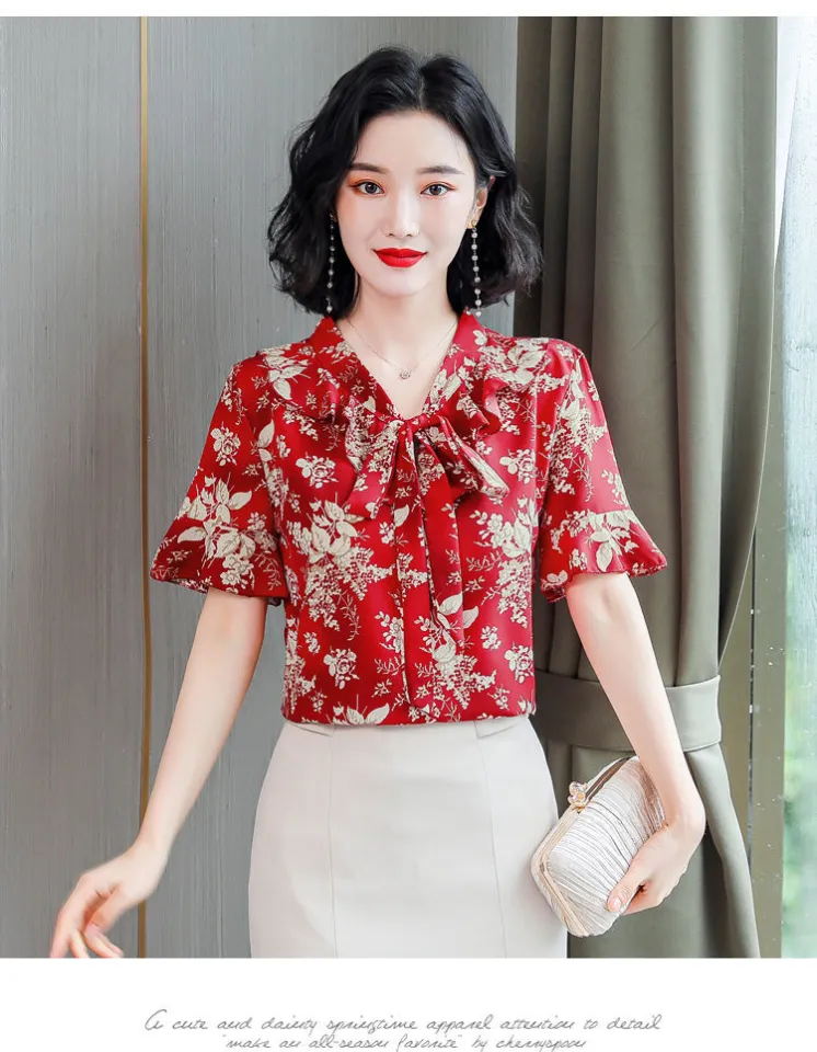 M-4XL Korean Style loose White / Red Blouse Women Causal Short
