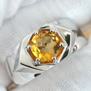 Natural Yellow Citrine Men Ring 925 Silver 7.5mm Lucky Gemstone 6-prong November Birthstone Birthday Gift R515GCN
