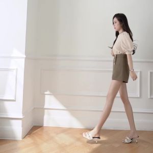 Ammin phong cách Hàn Quốc ngắn hai hàng chữ A thường ngày chống trượt quần ống rộng Thiết kế túi cạp cao Mùa Xuân/Mùa Hè 2024 cho nữ quần ống rộng đi lại thời trang màu trơn