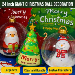 ลูกบอลคริสต์มาสพองลม PVC ขนาดใหญ่ 60 ซม. หนา ลูกบอลตกแต่งคริสต์มาสพร้อมรีโมทและไฟ