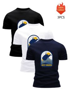 Printed T-Shirt 3 Pack Mens 100% Cotton Graphic Tees Funny Summer Blouse Casual Breathable Cool Luxury High Quality Clothing