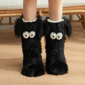 Cartoon Dog Womens Lamb Fleece Plush Slipper Socks Cute Big Eye Design Warm Indoor Socks for Winter