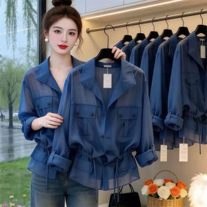 Blue Thin Micro-Transparent Shirt Coat Womens Spring Summer 2026 New Style Fashion Long Sleeve TeeShirts Sunscreen Clothing2026