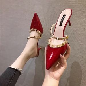 [Free Shipping] Womens Summer Open-Toe Half-Heel Mules 2025 New Model Pointed Toe Stiletto with Rivet Detail Flattering for Long Legs and Slimming Effect