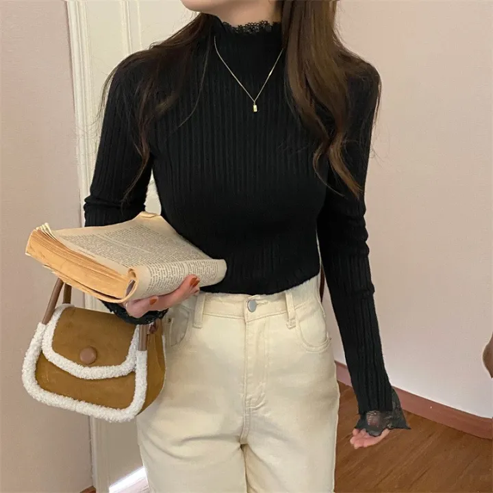 【Beautyer】 Women's Lace Solid Knitted Turtleneck Top Long Sleeve for Spring Autumn COD