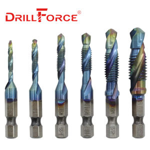 M3 M4 M5 M6 M8 M10 6pcs Screw Tap Drill Bits HSS 4341 Blue Coated 1/4 inch Hex Shank Screw Cutting Tapping Deburring in 1 Step Thread Sprial drill Metric Taper Tapping High Speed Steel