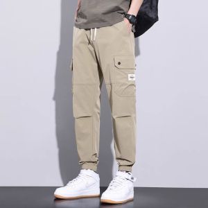 Mens Spring Loose Ice Silk Multipocket Drawstring Leg Sports Casual Pants Summer Solid Color Straight-Leg Quick-Drying Pants Casual Mens Pants