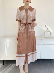 L-519 # One Size (45-75kg) Summer Women Pleated Miyake Style Tie Strap Printed Midi Dress