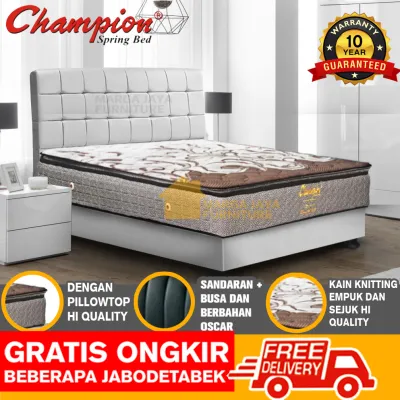 Kasur spring bed CHAMPION SYMBOL PILLOW TOP 180 x 200 cm SET berikut divan dan sandaran