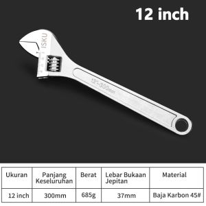 ISKU Kunci Inggris 8" 10" 12" Inch High Carbon Steel - Adjustable Wrench Spanner Kuat & Presisi