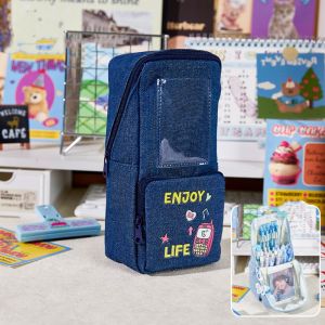 FDGFGG Large Capacity Denim Pencil Bag Multi Layer Kawaii Stationery Storage Bag Multifunctional Photo Display Pencil Case Students Gift