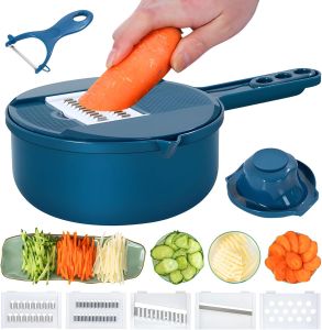 Vegetable Chopper-7 IN 1 Potato SlicerVegetable Grater Food Chopper with Container Multifunctional Chopper Vegetable Cutter Slicer With 6 Stainless Steel Blades For Kitchen (Blue 7 in 1)