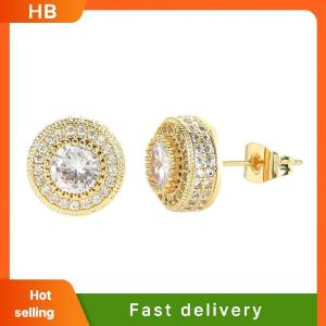 HB Full Zircon Round Stud Earrings Geometric Glamorous Ultra Gleaming Style for Everyday Outfits