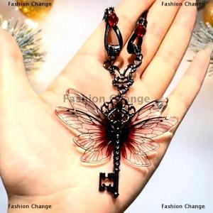 [COD] Fashion Change Y2K Dragonfly Key Red Zircon Necklace Pendant Wings Retro Punk Leather Hip Hop Choker Trendy Womens Jewelry Gifts