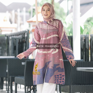 Prabuseno - Tunik Batik Wanita Motif Gandari Ungu Modern Atasan Baju Batik Wanita Lengan Panjang Premium Jumbo Big Size Full Furing Pakaian Kemeja Formal Kantor Adem dan Nyaman
