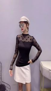เซ็กซี่พิมพ์ตาข่ายเสื้อ 2026 ฤดูใบไม้ร่วงฤดูหนาวสบายๆเสื้อแขนยาวPatchworkแขนยาวFlocking Polka Dotผู้หญิงTees