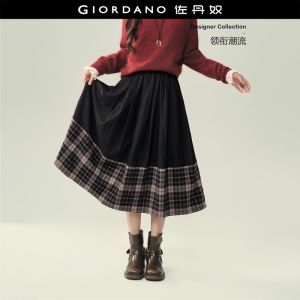 Giordano Women Contrast plaid panel elastic waist skirt Free Shipping 18466530