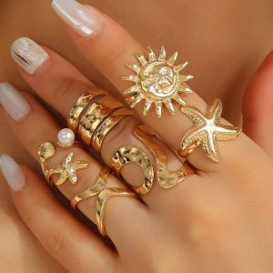 6Pcs Cincin Terbuka Kerang Bintang Laut Gaya Liburan Dalam Cincin Bunga Matahari Logam Tidak Beraturan