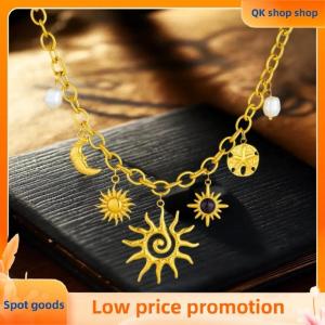 ✨QK shop✨ Trendy Starfish Moon Sun Shaped Pendant Charm Necklace Statement Stainless Steel Golden Chain Fashion Jewelry PVD Plated