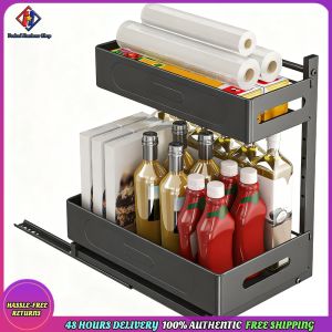 Vodool Cabinet Organizer Pull Out Cabinet Storage Shelves 2 Tier Slide Out Easy Installation for Kitchen and Bathroom Organization